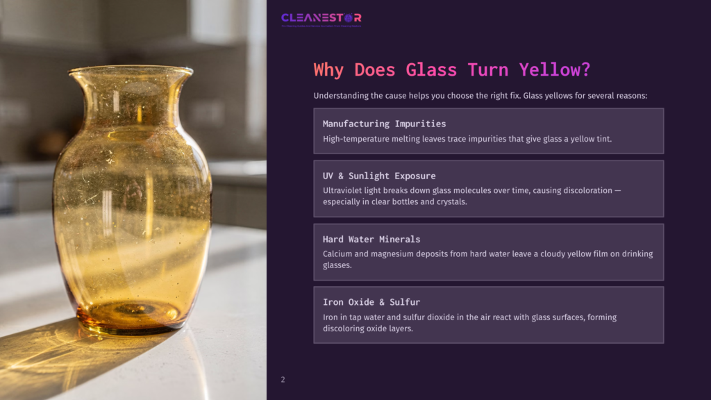A Close-Up Of A Vintage Amber Glass Vase Bathed In Sunlight, Casting A Warm Glow And Shadows. The Text Overlay Asks &Quot;Why Does Glass Turn Yellow?&Quot; And Lists Causes Like Manufacturing Impurities, Uv Exposure, Hard Water, And Iron Oxide.