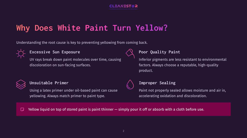 Why Does White Paint Turn Yellow? Explanation Of Yellowing Paint Causes: Excessive Sun Exposure, Poor Quality Paint, Unsuitable Primer, And Improper Sealing. Includes Yellow Liquid On Top Of Stored Paint.