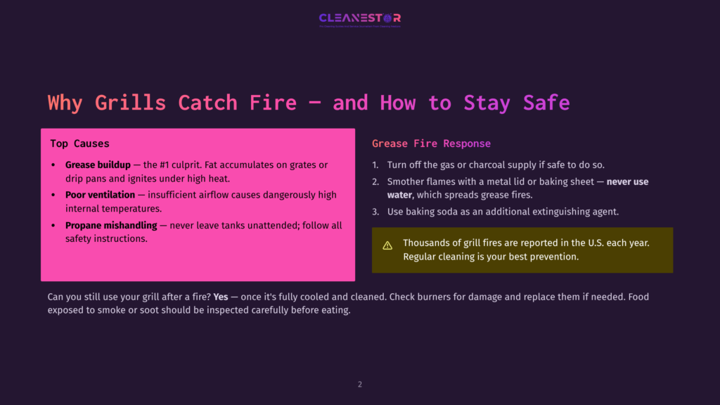 Graphic With Text: &Quot;Why Grills Catch Fire - And How To Stay Safe&Quot;. Lists Causes Of Grill Fires: Grease Buildup, Poor Ventilation, Propane Mishandling. Lists Grease Fire Response: Turn Off Gas, Smother Flames, Use Baking Soda.