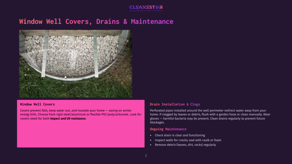 2 Window Well Covers Drains And Maintenance A Clear, Domed Window Well Cover Made Of Polycarbonate Sits Over A Window Well Filled With White Gravel. The Cover Is Supported By White Metal Bars And Is Designed To Prevent Debris From Entering The Window Well.