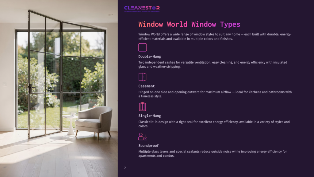 Cleanestor Window World Window Types: Double-Hung, Casement, And Single-Hung Windows Are Explained With Icons. The Page Also Features An Image Of Modern Black Metal French Doors Opening To A Sunny Garden.