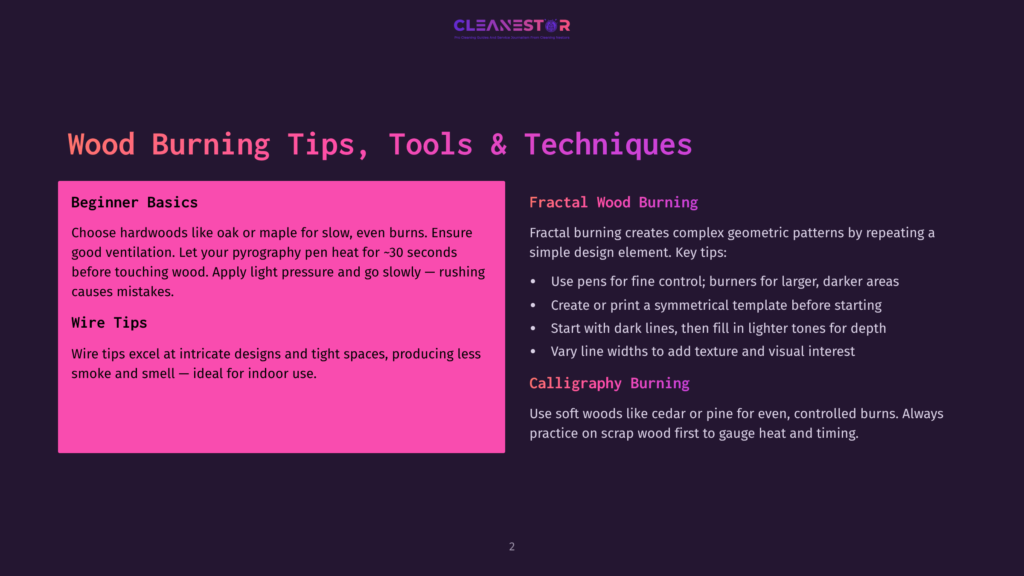 A Dark Purple Slide With A Dark Pink Panel Displays &Quot;Wood Burning Tips, Tools &Amp; Techniques&Quot; At The Top, With Sections On &Quot;Beginner Basics&Quot; And &Quot;Wire Tips&Quot; On The Left, And &Quot;Fractal Wood Burning&Quot; And &Quot;Calligraphy Burning&Quot; On The Right.