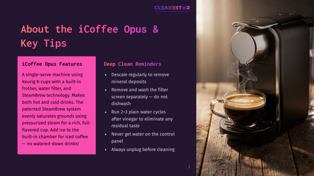 A Modern Black Icoffee Opus Coffee Maker Brews A Rich Espresso Into A Clear Glass Cup, Steam Rising From The Hot Beverage On A Rustic Wooden Table. The Icoffee Opus Features Text Detailing Its Key Features And Deep Clean Reminders.