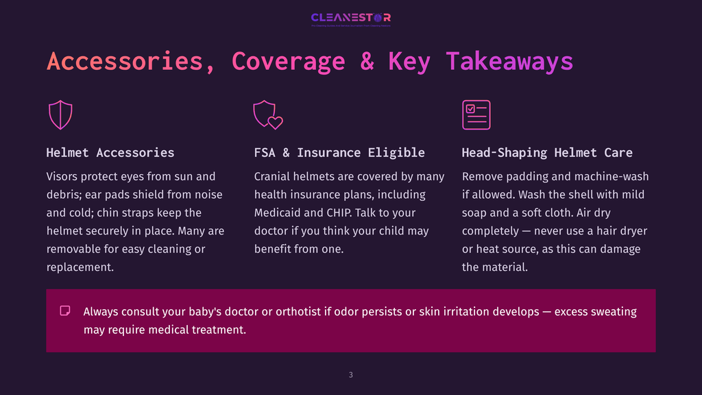 Infographic Slide Titled &Quot;Accessories, Coverage &Amp; Key Takeaways,&Quot; Detailing Helmet Accessories, Fsa &Amp; Insurance Eligibility, And Head-Shaping Helmet Care Advice.