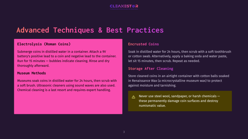 3 Advanced Techniques And Best Practices A Purple And Pink Graphic Displays Information On Coin Cleaning Techniques, Including &Quot;Electrolysis (Roman Coins)&Quot;, &Quot;Museum Methods&Quot;, &Quot;Encrusted Coins&Quot;, And &Quot;Storage After Cleaning&Quot;.