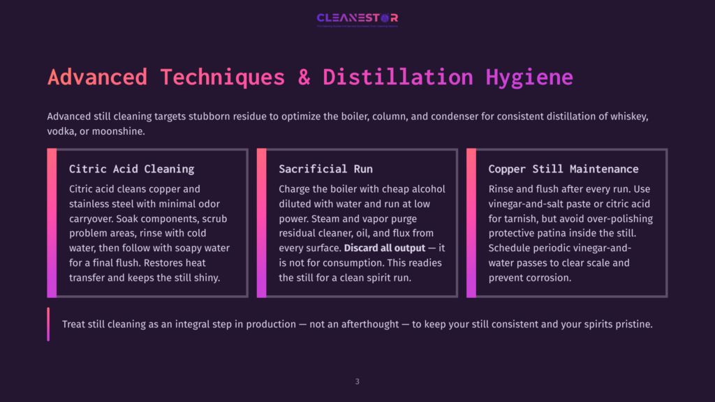 Three Columns Detail Advanced Techniques For Still Cleaning: Citric Acid Cleaning For Copper And Stainless Steel, Sacrificial Run To Clean Stills With Alcohol, And Copper Still Maintenance Using Vinegar And Salt Paste. The Text &Quot;Advanced Techniques &Amp; Distillation Hygiene&Quot; Is Prominent.