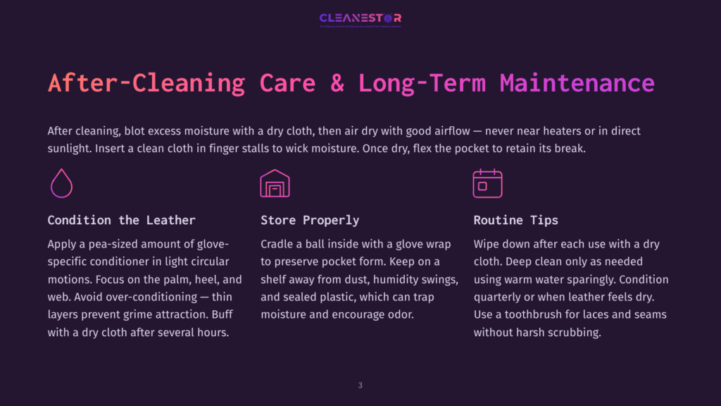 Cleanestor Logo And Text: &Quot;After-Cleaning Care &Amp; Long-Term Maintenance.&Quot; Three Icons Illustrate: Droplet For Leather Care, Shoe For Storage, And Toothbrush For Routine Tips, With Descriptive Text Below Each.