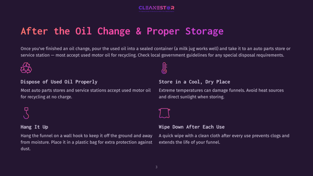 Infographic With Text: &Quot;After The Oil Change &Amp; Proper Storage.&Quot; Sections Detail Disposing Of Used Oil, Storing In A Cool, Dry Place, Hanging Up, And Wiping Down After Each Use.