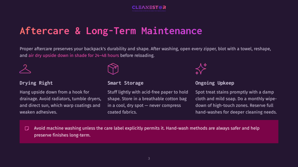 Graphic With Text About Backpack Aftercare And Long-Term Maintenance, Featuring Icons For Drying, Smart Storage, And Ongoing Upkeep. Includes Tips On Air Drying, Avoiding Direct Sun, And Hand-Washing.