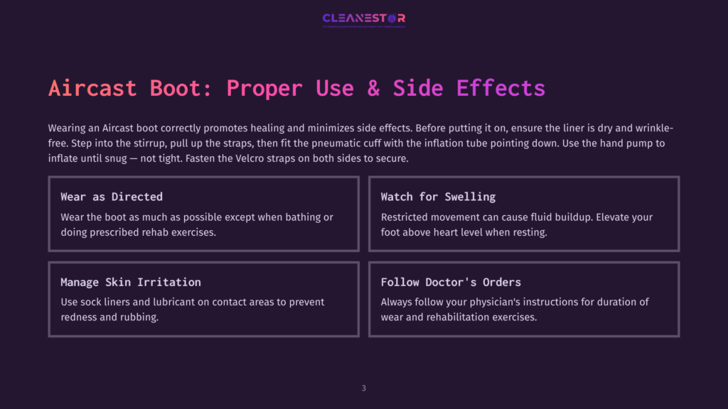 Acast Boot Instructions: Wear As Directed, Watch For Swelling, Manage Skin Irritation, And Follow Doctor'S Orders. The Graphic Displays Four Key Tips For Using An Aircast Boot Safely And Effectively.