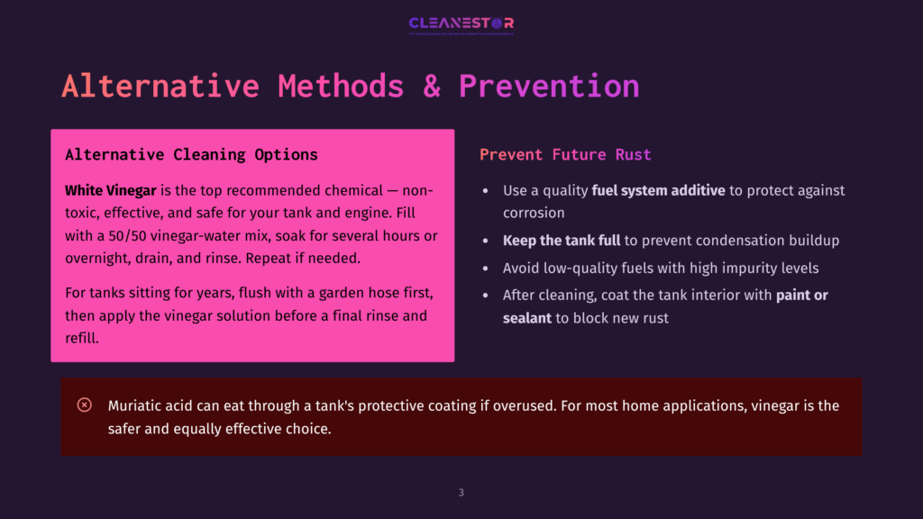 3 Alternative Methods And Prevention Slide Titled &Quot;Alternative Methods &Amp; Prevention&Quot; With Text About Using White Vinegar For Tank Cleaning And Preventing Future Rust With Fuel Additives And Coatings.