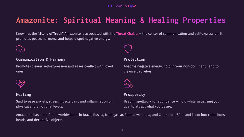 A Dark Purple Graphic Titled &Quot;Amazonite: Spiritual Meaning &Amp; Healing Properties&Quot; Lists The Stone'S Properties: Communication &Amp; Harmony, Protection, Healing, And Prosperity, With Icons For Each.