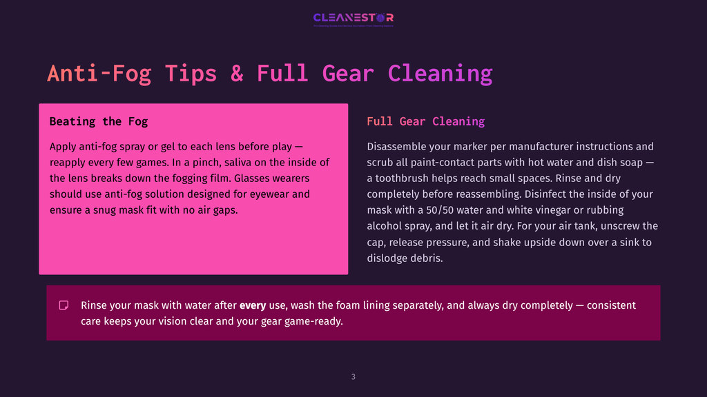 Anti-Fog Tips And Full Gear Cleaning Advice From Cleanestor. The Image Features Two Pink And Purple Panels With Text Detailing How To Apply Anti-Fog Spray And Clean Gear.