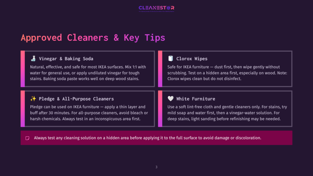 A Webpage Titled &Quot;Approved Cleaners &Amp; Key Tips&Quot; Displays Recommended Cleaning Products For Ikea Furniture. It Lists &Quot;Vinegar &Amp; Baking Soda&Quot; As A Natural, Effective Option For Tough Stains, &Quot;Clorox Wipes&Quot; As Safe But Non-Disinfecting For A Hidden Area, &Quot;Pledge &Amp; All-Purpose Cleaners&Quot; As Suitable For A Thin Layer On Ikea Furniture, And &Quot;White Furniture&Quot; As Needing A Soft Lint-Free Cloth And Gentle Cleaners, With Light Sanding For Deep Stains.