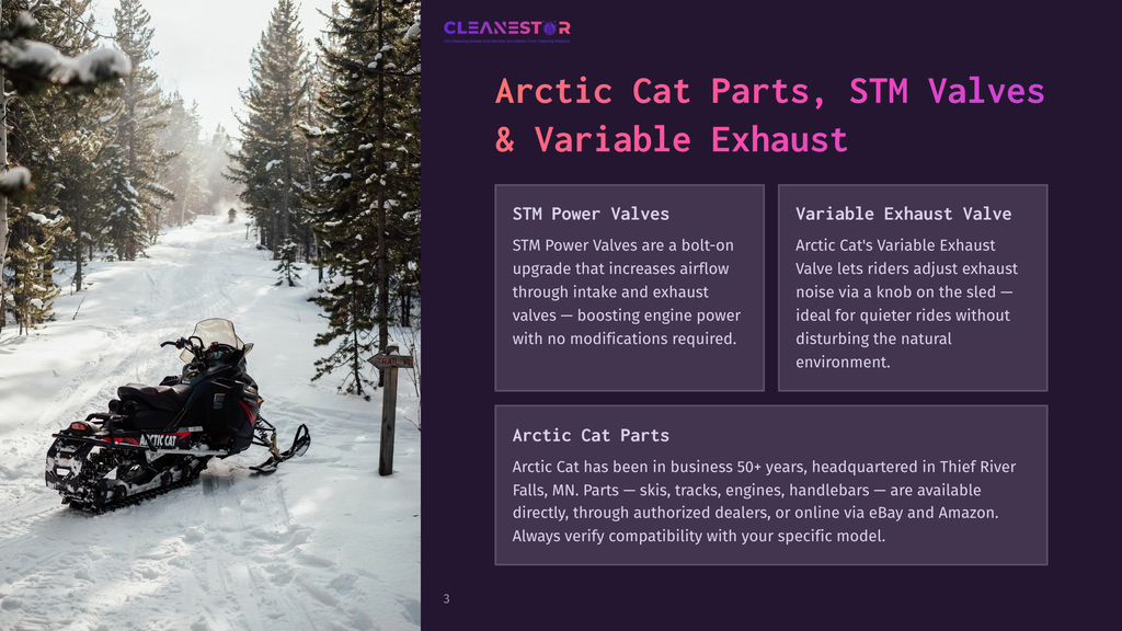 A Snowmobile With &Quot;Arctic Cat&Quot; Branding Sits On A Snowy Path Surrounded By Tall Evergreen Trees. The Image Also Features Text About Arctic Cat Parts, Stm Valves, And Variable Exhaust.