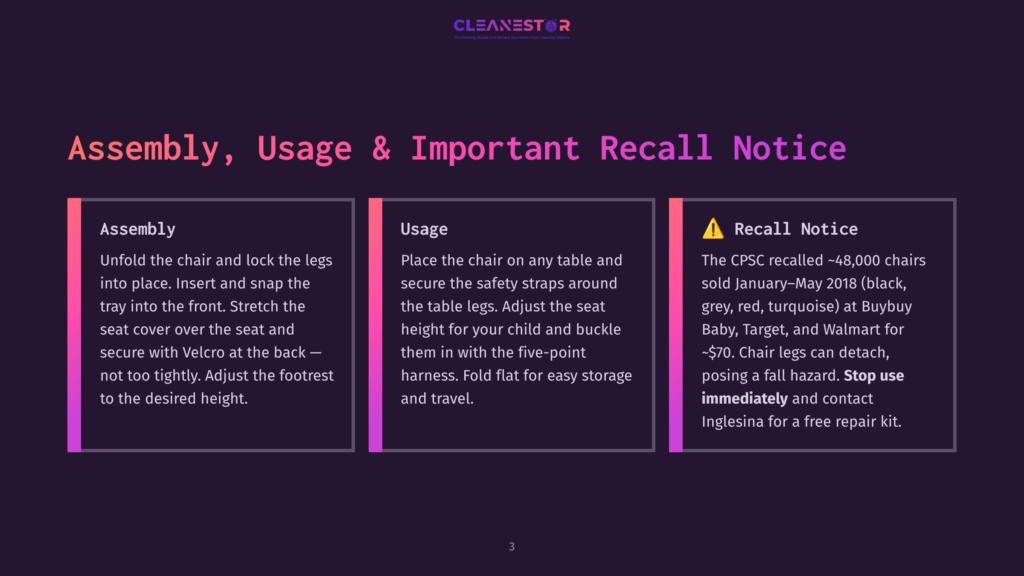 3 Assembly Usage And Important Recall Notice Cleanestor Product Assembly, Usage, And Important Recall Notice. Three Panels Detail Chair Assembly, Usage Instructions, And A Recall For Chairs Sold January-May 2018.