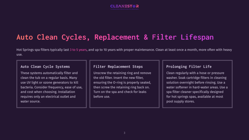 3 Auto Clean Cycles Replacement And Filter Lifespan Hot Tubs And Spa Maintenance: Auto Clean Cycles, Filter Replacement, And Prolonging Filter Life. Learn About Filter Lifespan And Cleaning.