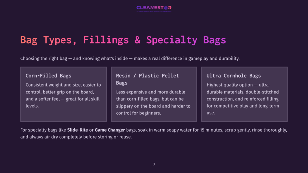 Image Displaying Three Types Of Cornhole Bags: Corn-Filled Bags, Resin / Plastic Pellet Bags, And Ultra Cornhole Bags, With Descriptions Of Each.