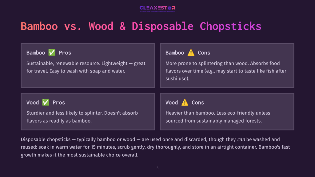 3 Bamboo Vs Wood And Disposable Chopsticks Comparison Chart Titled &Quot;Bamboo Vs. Wood &Amp; Disposable Chopsticks,&Quot; Detailing Pros And Cons Of Bamboo And Wood Chopsticks, With A Focus On Sustainability.