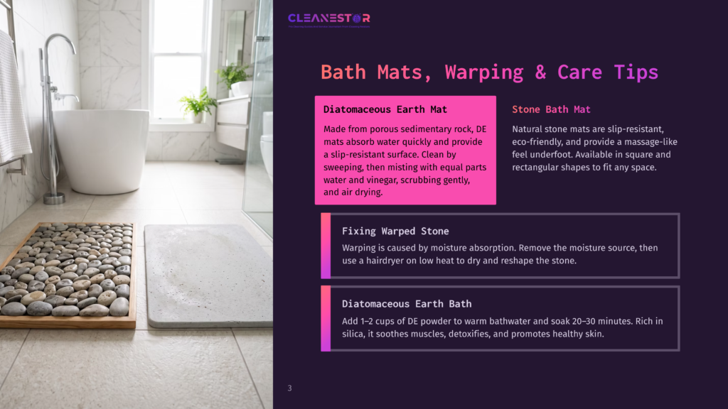 A Modern Bathroom Features Two Bath Mats: One Made Of Smooth River Stones On A Wooden Base, And Another Light-Colored, Textured Mat. Text Overlays Discuss Diatomaceous Earth Mats And Stone Bath Mats.