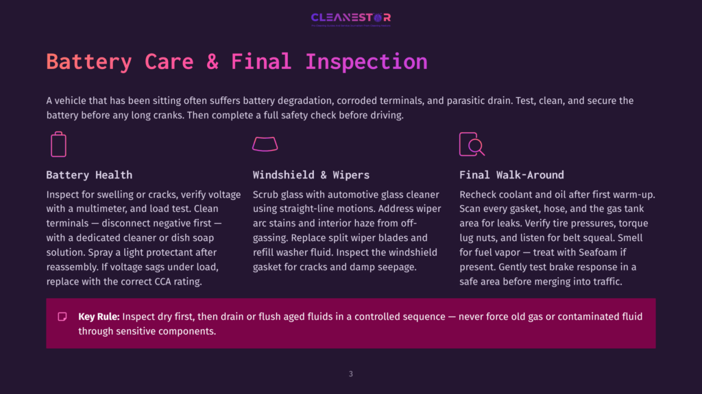 Battery Care And Final Inspection Infographic: Battery Health, Windshield &Amp; Wipers, And Final Walk-Around Sections With Icons And Text. Key Rule: Inspect Dry First, Then Drain Or Flush Aged Fluids.