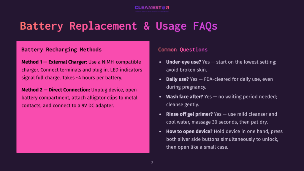 3 Battery Replacement And Usage Faqs Cleanestor Battery Recharging Methods And Usage Faqs Slide Displays Battery Recharging Steps Via External Charger Or Direct Connection, And Common Questions About Under-Eye Use, Daily Use, Washing, And Opening The Device.