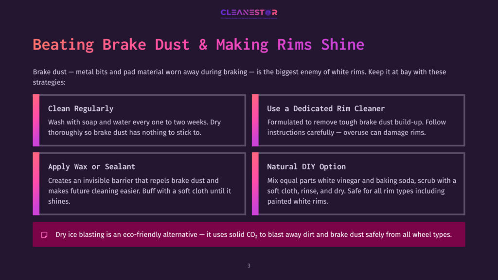 Infographic Detailing How To Beat Brake Dust And Make Rims Shine, With Sections On Cleaning Regularly, Using Dedicated Rim Cleaner, Applying Wax Or Sealant, And Natural Diy Options. Also Mentions Dry Ice Blasting As An Eco-Friendly Alternative.