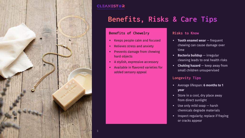3 Benefits Risks And Care Tips A Bar Of &Quot;Wild Oat &Amp; Honey&Quot; Soap Rests On A Wooden Surface Next To A Gold Necklace And A Small Bowl Of Water, With A Presentation Slide About Chewelry Benefits And Risks In The Background.