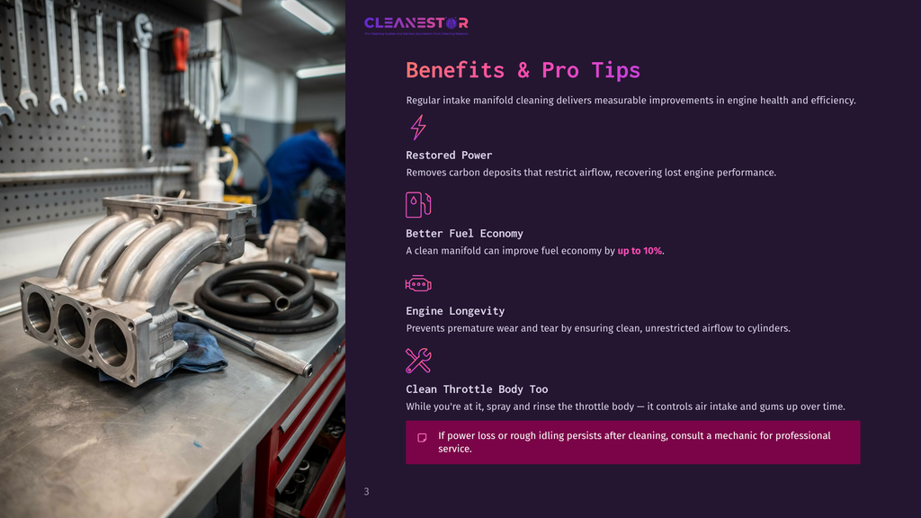 Close-Up Of A Clean, Shiny Aluminum Intake Manifold On A Workbench, With Tools And A Blurred Mechanic In The Background. Text Overlay: &Quot;Cleanestor Benefits &Amp; Pro Tips.