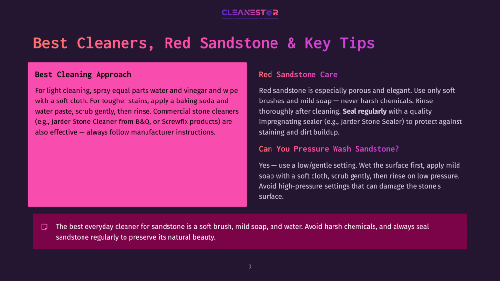 Cleanestor Website Screenshot With Text About Cleaning Sandstone, Including Tips For Best Cleaning Approach And Red Sandstone Care.