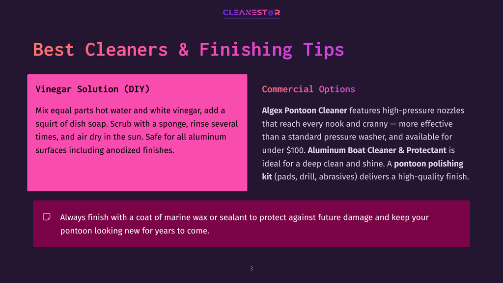 3 Best Cleaners And Finishing Tips Cleanestor Logo At The Top, With &Quot;Best Cleaners &Amp; Finishing Tips&Quot; In Large Pink Text. Left Side Details &Quot;Vinegar Solution (Diy)&Quot; Cleaning Tips. Right Side Details &Quot;Commercial Options&Quot; Including Algex Pontoon Cleaner And Aluminum Boat Cleaner &Amp; Protectant.