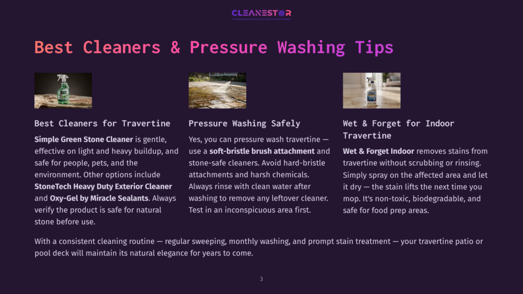 Three Cleaning Product Bottles And A Patio Cleaning Demonstration Are Shown, With Text About &Quot;Best Cleaners &Amp; Pressure Washing Tips&Quot;.
