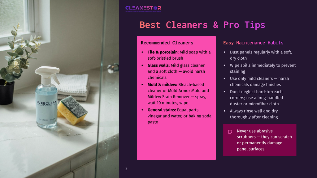 3 Best Cleaners And Pro Tips A Bottle Of Pureclean Glass Cleaner With Eucalyptus And Mint Sits On A Marble Countertop Next To A Yellow Sponge And A Glass Shower Door. The Background Shows A Bathroom With Soft Lighting.