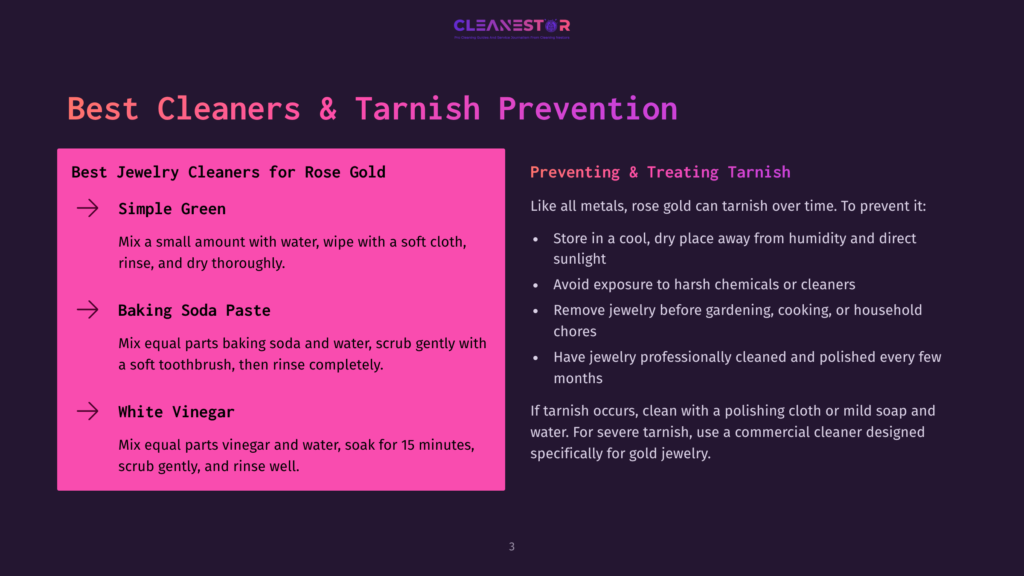 Infographic Detailing Jewelry Cleaning And Tarnish Prevention Methods, With Sections On &Quot;Best Jewelry Cleaners For Rose Gold&Quot; And &Quot;Preventing &Amp; Treating Tarnish,&Quot; Including Diy Cleaning Recipes Like Baking Soda Paste And Vinegar Solutions.