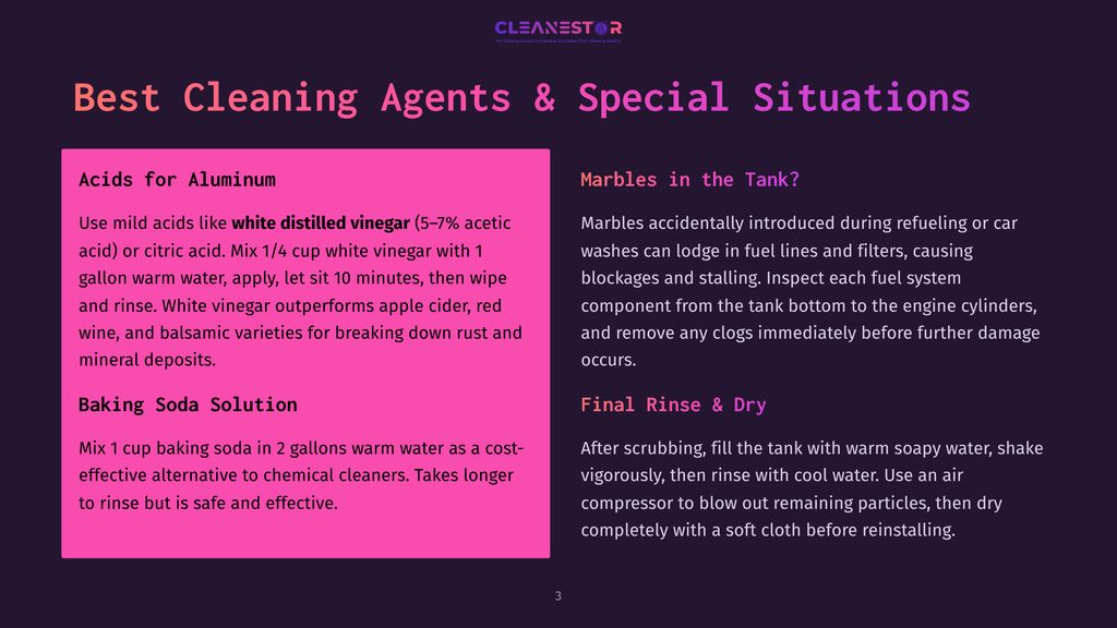 Diagram With Text On A Dark Background: &Quot;Acids For Aluminum&Quot; With Instructions For Cleaning, And &Quot;Baking Soda Solution&Quot; With Cleaning Instructions. On The Right Side, &Quot;Marbles In The Tank?&Quot; With An Explanation, And &Quot;Final Rinse &Amp; Dry&Quot; With Instructions.