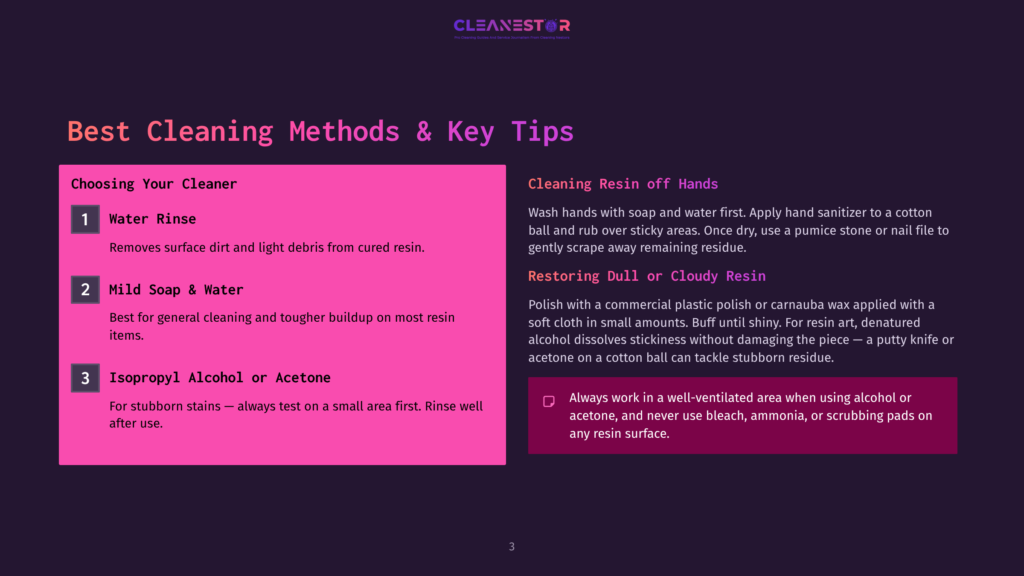A Graphic Titled &Quot;Best Cleaning Methods &Amp; Key Tips&Quot; From Cleanestor, Detailing Resin Cleaning With Water Rinse, Mild Soap, And Isopropyl Alcohol Or Acetone, And Cleaning Resin Off Hands.