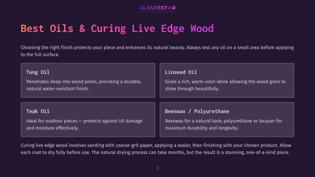 Infographic Comparing Wood Finishes: Tung Oil, Linseed Oil, Teak Oil, And Beeswax/Polyurethane. Text Details Properties Like Penetration, Color, And Durability For Live Edge Wood.