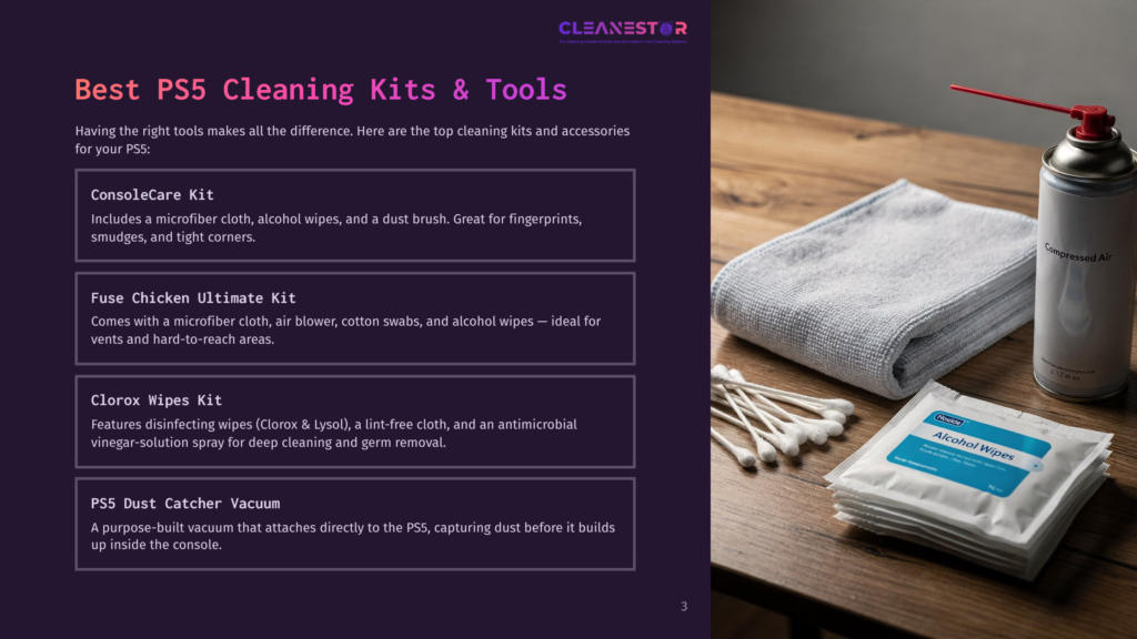 A Cleaning Kit For Ps5 Consoles, Featuring A Microfiber Cloth, Canned Air, Cotton Swabs, And Disinfectant Wipes. The Text 'Cleanestor' And 'Alcohol Wipes' Is Visible.