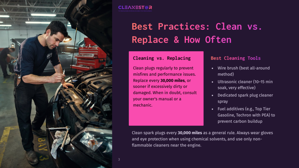 3 Best Practices Clean Vs Replace And How Often Mechanic Inspects Car Engine, With Text Overlay &Quot;Best Practices: Clean Vs. Replace &Amp; How Often&Quot; And &Quot;Cleaning Vs. Replacing&Quot; With Bullet Points On Car Maintenance.