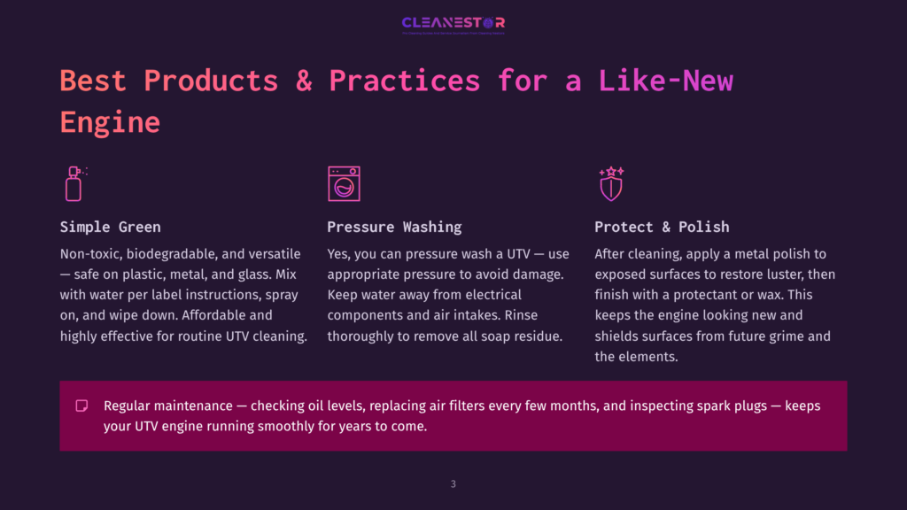 3 Best Products And Practices For A Like New Engine Three Icons Representing Cleaning Methods For An Engine: Simple Green, Pressure Washing, And Protect &Amp; Polish. Text Explains Engine Cleaning Best Practices, Including Regular Maintenance.
