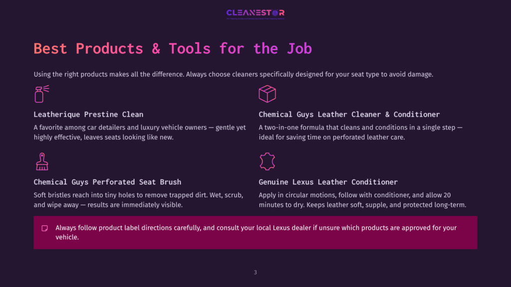 Cleanestor Logo Above Text: Best Products &Amp; Tools For The Job. Below, Four Product Descriptions With Icons: Leatherique, Chemical Guys Leather Cleaner, Chemical Guys Perforated Seat Brush, And Genuine Lexus Leather Conditioner. A Footer Note Advises Consulting A Lexus Dealer.