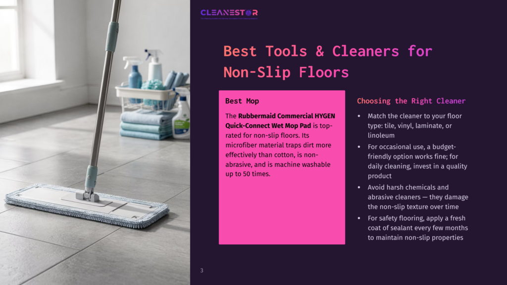 A Rubbermaid Commercial Hygen Quick-Connect Wet Mop Is Shown Cleaning A Tiled Floor, Highlighting The Mop'S Microfiber Material. The Image Also Features Text About Choosing The Right Cleaner For Non-Slip Floors.