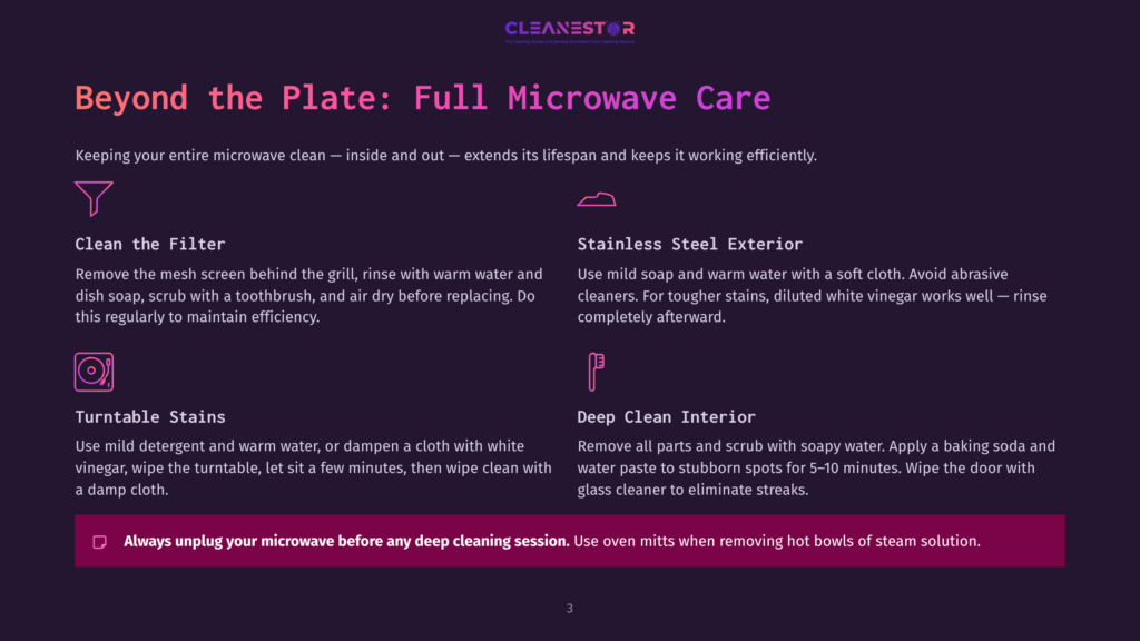 Infographic Titled &Quot;Beyond The Plate: Full Microwave Care&Quot; With Icons And Text Explaining How To Clean Microwave Filters, Stainless Steel Exterior, And Turntable Stains, Plus A Safety Warning.