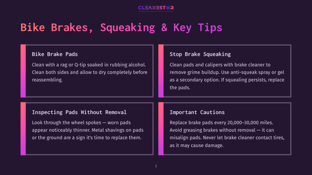 3 Bike Brakes Squeaking And Key Tips Infographic Titled &Quot;Bike Brakes, Squeaking &Amp; Key Tips&Quot; With Sections On Cleaning, Stopping Squeaking, Inspecting Pads, And Important Cautions For Bike Brake Maintenance.