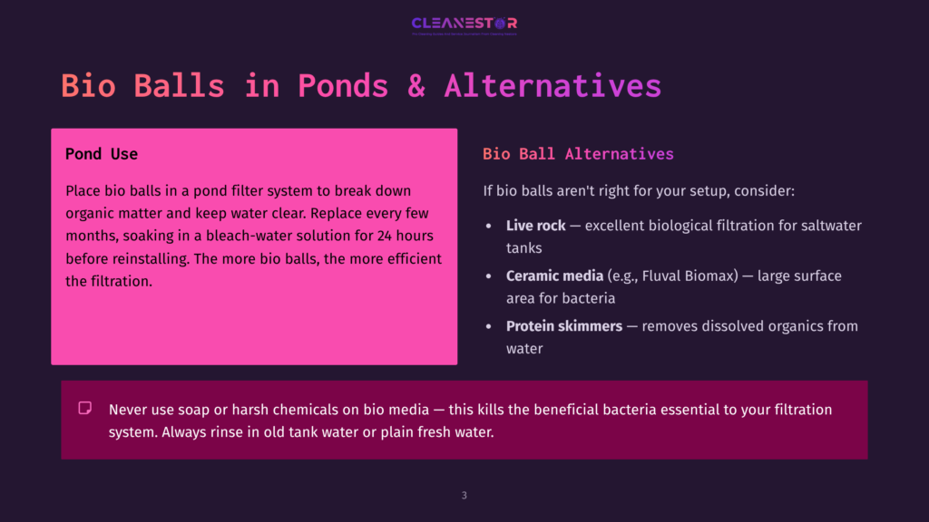 Presentation Slide Titled &Quot;Bio Balls In Ponds &Amp; Alternatives&Quot; With Sections On &Quot;Pond Use&Quot; And &Quot;Bio Ball Alternatives&Quot; Like Live Rock And Protein Skimmers.