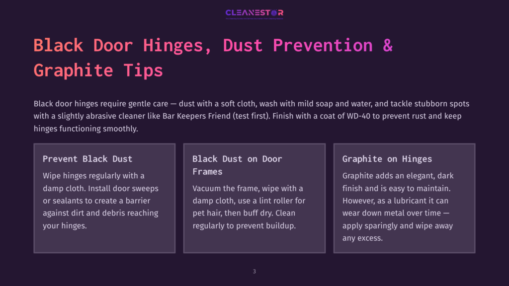3 Black Door Hinges Dust Prevention And Graphite Tips Three Panels Detailing How To Prevent And Clean Black Door Hinges: &Quot;Prevent Black Dust,&Quot; &Quot;Black Dust On Door Frames,&Quot; And &Quot;Graphite On Hinges.