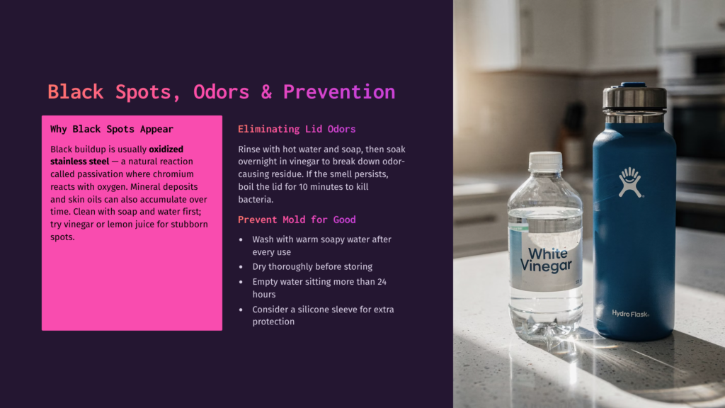 A Blue Hydro Flask Water Bottle And A Bottle Of White Vinegar Sit On A Speckled Countertop, With Text Overlay Discussing Black Spots, Odors, And Prevention For Drinkware.