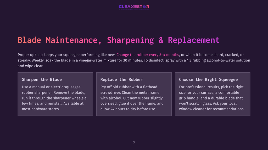 Cleanestor Logo With Text &Quot;Blade Maintenance, Sharpening &Amp; Replacement&Quot; And Three Boxes Detailing How To Sharpen, Replace, And Choose A Squeegee Blade.