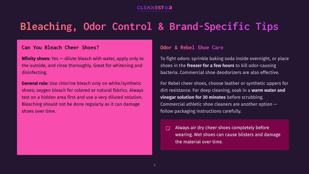 A Purple Graphic With White Text Titled &Quot;Bleaching, Odor Control &Amp; Brand-Specific Tips&Quot; Offers Advice On Cleaning Cheer Shoes, Including How To Bleach Them And How To Tackle Odor In Rebel Shoes Using Baking Soda.