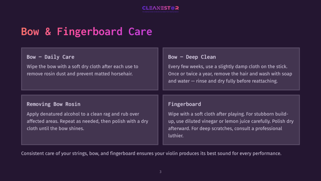 Cleanestor &Quot;Bow &Amp; Fingerboard Care&Quot; Infographic With Four Sections: Bow Daily Care, Bow Deep Clean, Removing Bow Rosin, And Fingerboard Care Tips.